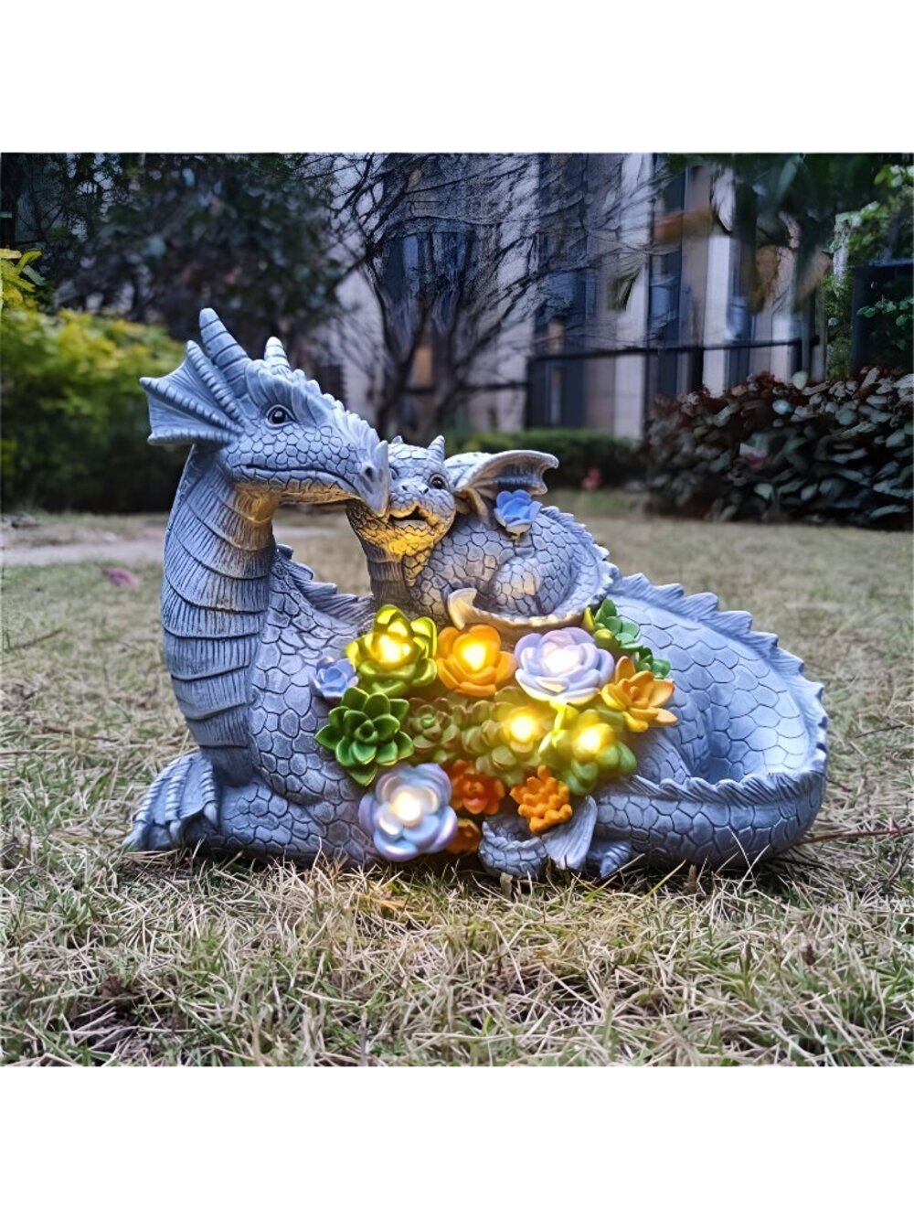 Solar Dragon Statue with LED Lights, Dargon Lover Gifts with Succulent and 6